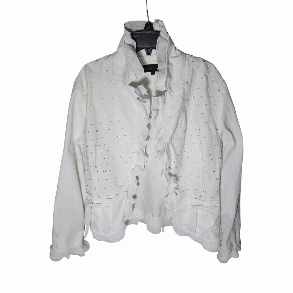 Donna Cody White Linen Blend Sequin Ruffle Jacket Lagenlook Boho M